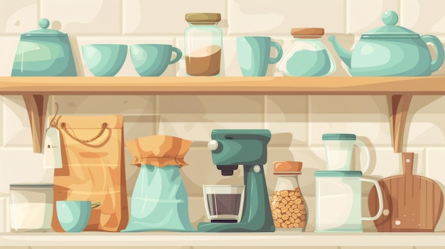 요리 장비가 있는 주방 선반의 현대적인 만화 일러스트레이션에는 커피 메이커와 컵 종이 봉투 유리 항아리, 설탕과 소금 기 보드, 소스팬 및 나무 기보드가 있습니다.