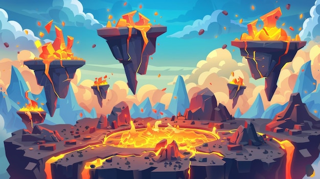 Modern cartoon illustration of a prehistoric landscape with volcano eruptions lava and magma flowing in cracks and level score and lock icons