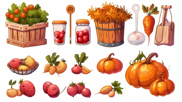 A modern cartoon illustration of pumpkins potato buckets wooden tomato crates eggs glass jam jars farming instruments and a haystack on a white background