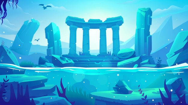 Photo a modern cartoon illustration showing ancient ruins with a circle platform and stone altar under water in an ocean or sea illustration shows a sunken old architecture with sunken platforms pillars