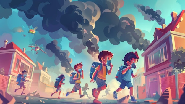 Modern cartoon illustration of a street scene with children coughing and feeling sick from air pollution Smog clouds in front of school Modern illustration of children being sick from smoke toxic