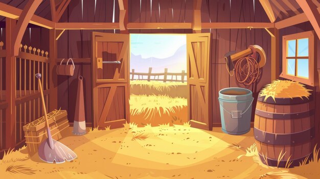 A modern cartoon illustration of a wooden barn with hay stacks an old barrel pitchforks shovels metal buckets cloth sacks and summer landscapes