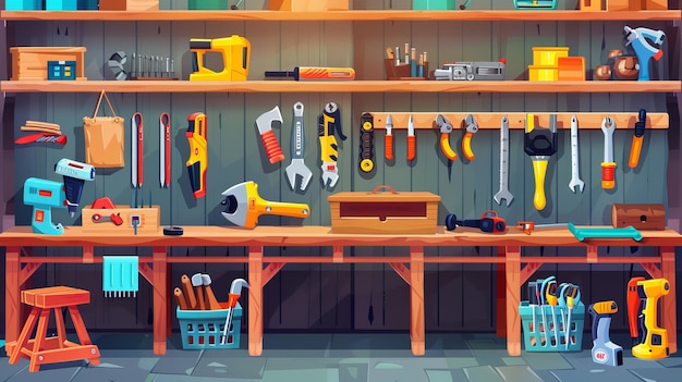 Photo modern cartoon interior of empty store with drills handsaws screwdrivers and spanners for construction repair and carpentry work