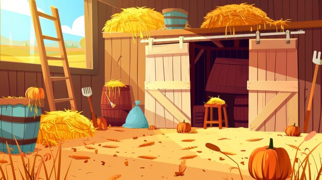 Photo modern cartoon interior of old wooden barn with haystack on loft ladder fork bags and pumpkin rural barnhouse for harvest storage
