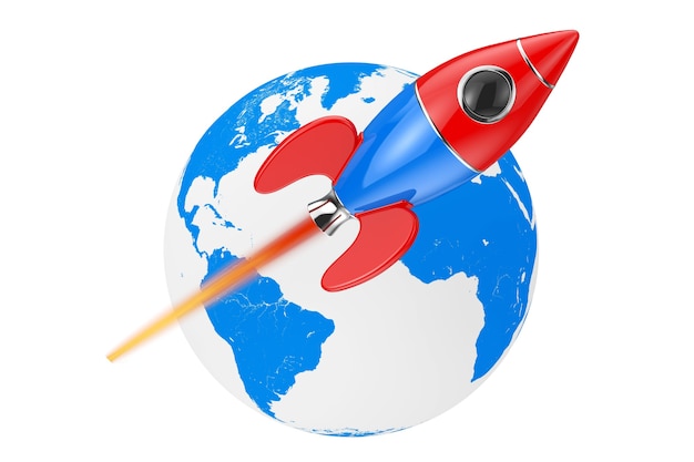 Photo modern cartoon rocket moving around the earth globe on a white background. 3d rendering