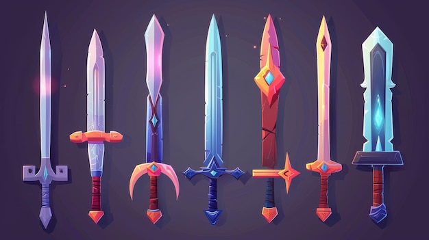 Photo a modern cartoon set of fantasy daggers knives and longswords featuring runes and gems for game interfaces from medieval times