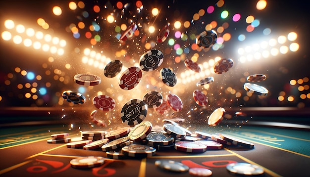 Modern casino gambling banner with chips against bokeh lights