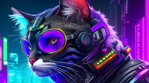 современный кошачий киберпанк использует яркие цвета Ai Generated