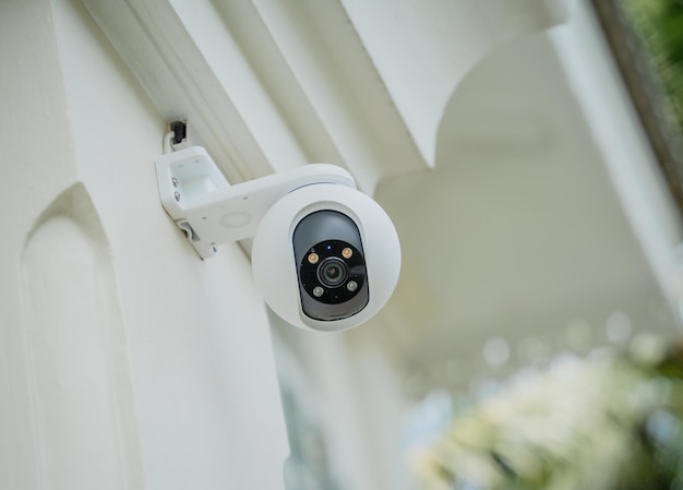 Modern cctv camera on a wall of a residential building