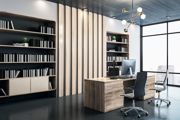 Modern ceo office interior with computer on wooden table shelves with documents 3D Rendering