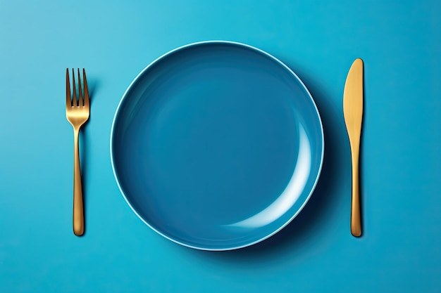 Современный керамический набор посуды со столовыми приборами и ярко-синей обеденной тарелкой над головой, плоская планировка для