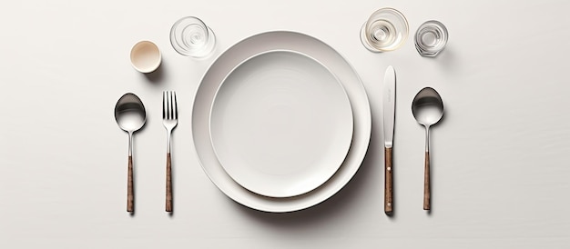 Modern ceramic tableware viewed from above on a white linen tablecloth with room for text Stylish