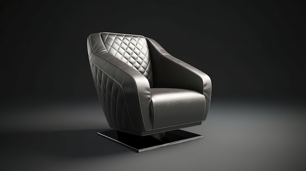 A modern chair made of black leather on a metal platform is highlighted on a black background