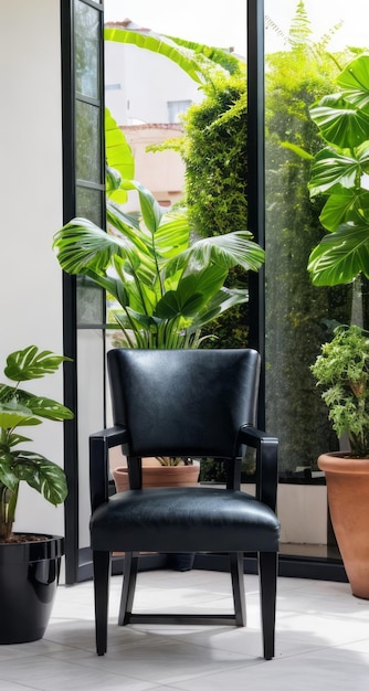 современный стул возле окна с растениями современный дизайн интерьера для отдыха