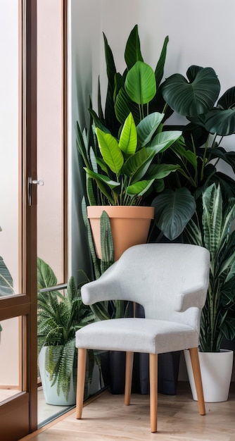 식물과 함께 창문 근처의 현대적인 의자 휴식을 위한 현대적인 인테리어 디자인