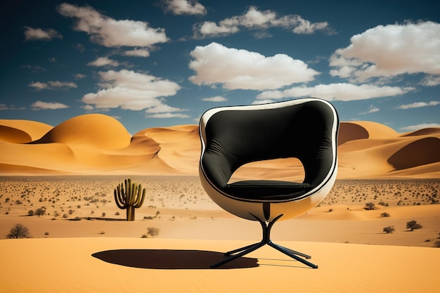 A modern chair standing alone in the hot desert The concept of modern furniture for all conditions