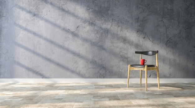 Modern chair with red cup of coffee on concrete room background