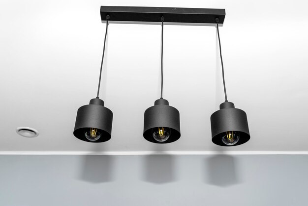 Photo modern chandeliers with tube shaped led bulbs covered with matt black paint three bulbs visible