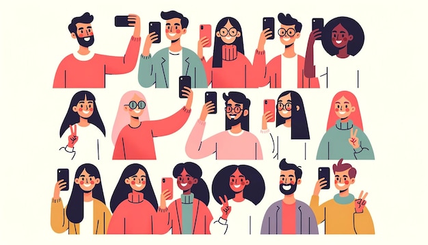 Photo modern characters capturing moments minimalist flat illustration of selfie enthusiasts