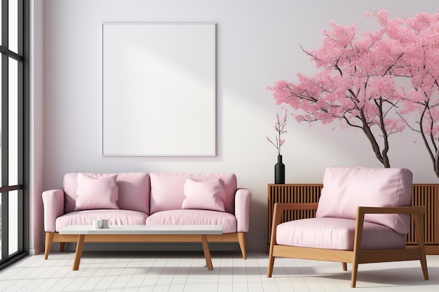 トレンディな布張りの家具とピンクの葉で囲まれたモダンでシックな写真
