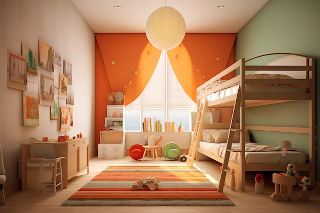 Foto interior design moderno della camera da letto per bambini in casa con decorazione per bambini colorata camera da letto per bambini