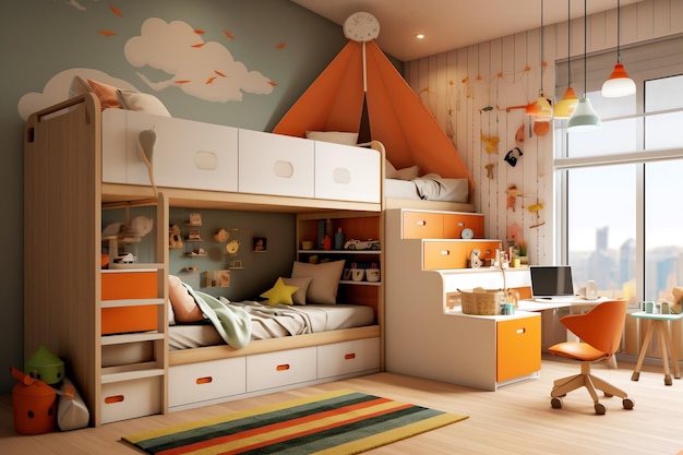 装飾的な子供たちと家のモダンな子供の寝室のインテリア デザイン カラフルな子供の寝室