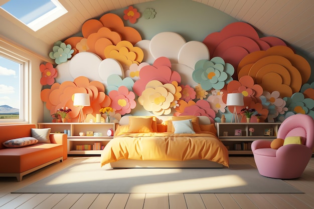 장식 어린이와 함께 집에서 현대 어린이 침실 인테리어 디자인 다채로운 어린이 침실