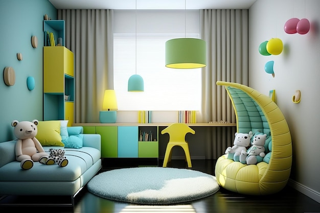 ジェネレーティブ AI で作成された明るい色のおもちゃと柔らかな家具を備えたモダンな子供部屋