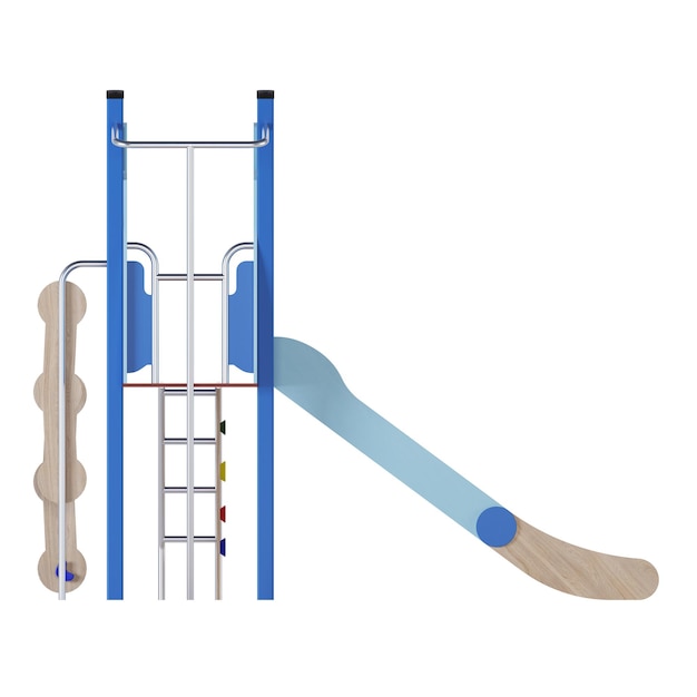 사진 흰색 배경에 현대 어린이 게임 복합물. 안뜰에 배치하기 위한 슬라이드, 계단 및 타워가 있는 게임 장비. 확대. 클리핑 경로가 포함되어 있습니다. 3d 렌더링.