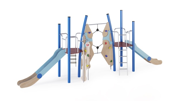 Современный детский игровой комплекс на белом фоне. Игровое оборудование с горкой, лестницей и вышками для размещения во дворах. Крупный план. Обтравочный контур включен. 3D-рендеринг.
