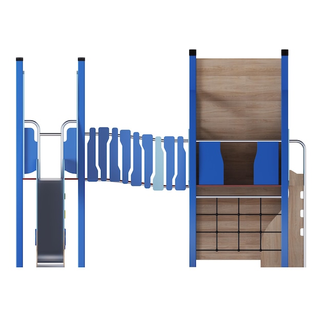 Современный детский игровой комплекс на белом фоне. Игровое оборудование с горкой, лестницей и вышками для размещения во дворах. Крупный план. Обтравочный контур включен. 3D-рендеринг.