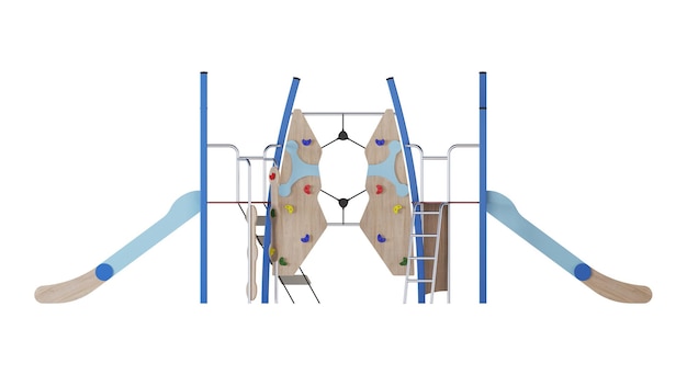 Современный детский игровой комплекс на белом фоне. Игровое оборудование с горкой, лестницей и вышками для размещения во дворах. Крупный план. Обтравочный контур включен. 3D-рендеринг.