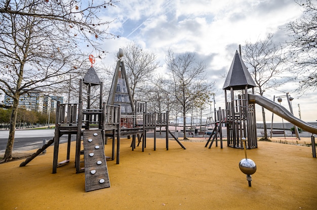 Modern children's outdoor Playground, soft floor covering. 03.01.2020 Barcelona, Spain