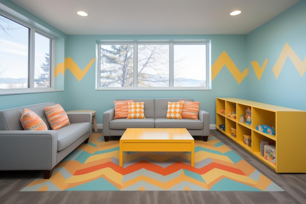 鮮やかな機能的な家具と豊富なおもちゃを備えた近代的な子供の部屋