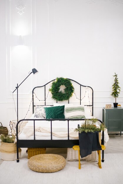 Modern Christmas interior of bedroom, Scandinavian style