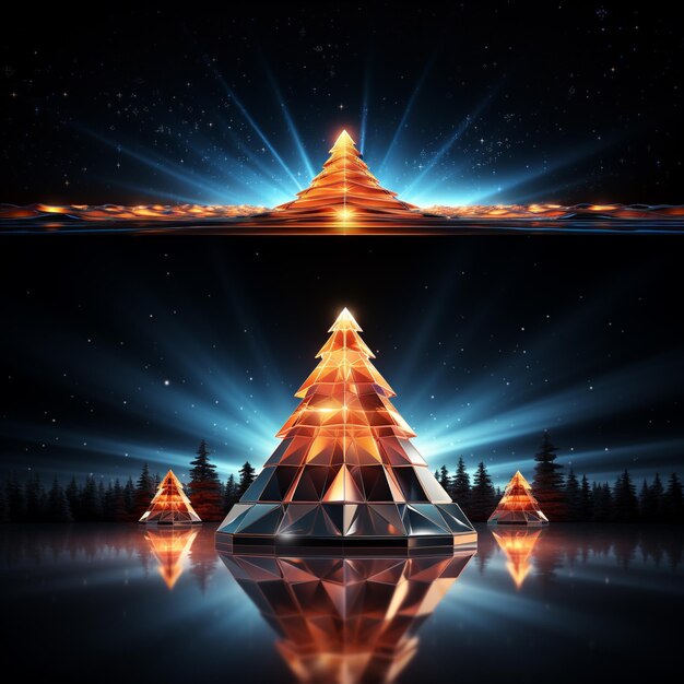 Modern christmas tree beautiful glossy shiny with neon glow with futuristic design elements