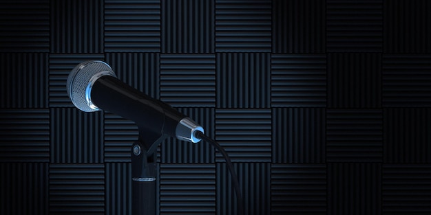 Modern chrome microphone in front of black acoustic foam panels\
background 3d rendering