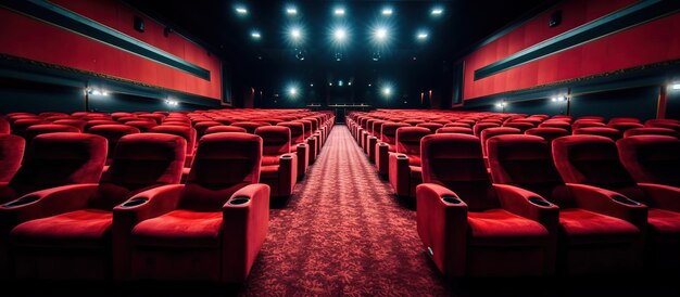 現代映画館のホール 空きと赤い 居心地の良い座席 映画館の座席や椅子