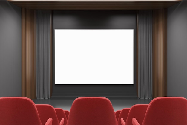 Modern cinema interior with gray and dark wooden walls, and red chairs. A screen. A rear view. 3d rendering mock up
