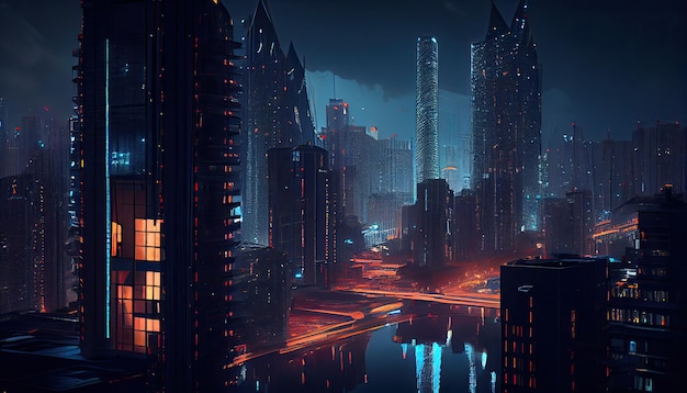 Фото Современный город в ночное время