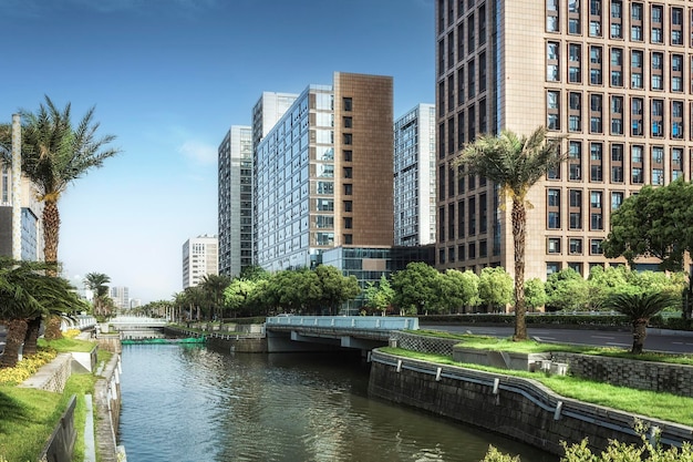 Modern city business buildings and asphalt road