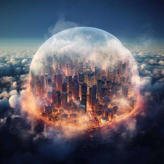 Modern city in the clouds 3d render conceptual background