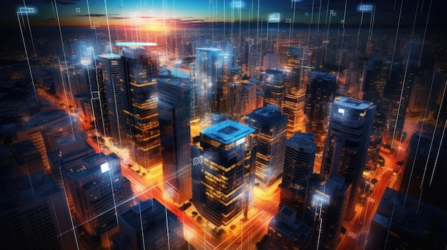 A modern city cyberpunk with networking light