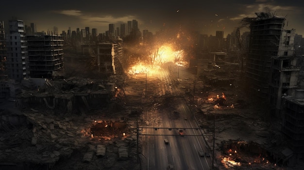 a modern city devastated by explosions and chaos