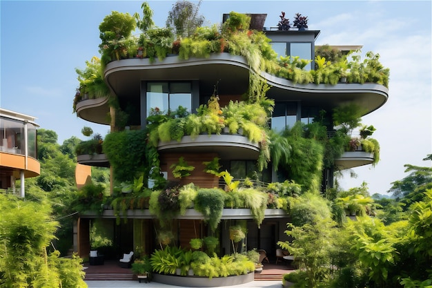 Modern city houses with lots of greenery on the roofs and balconies the concept of green city