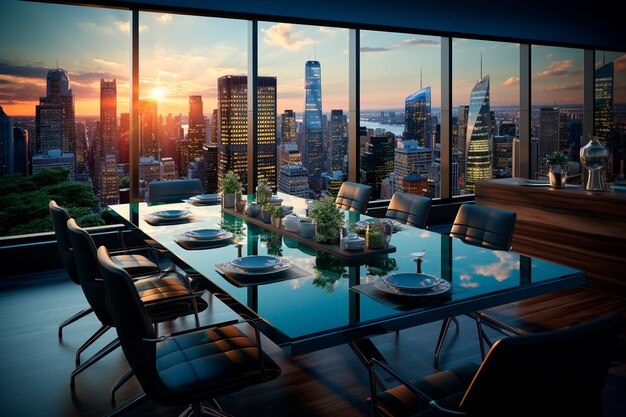 modern city office building with glass table and cityscape view