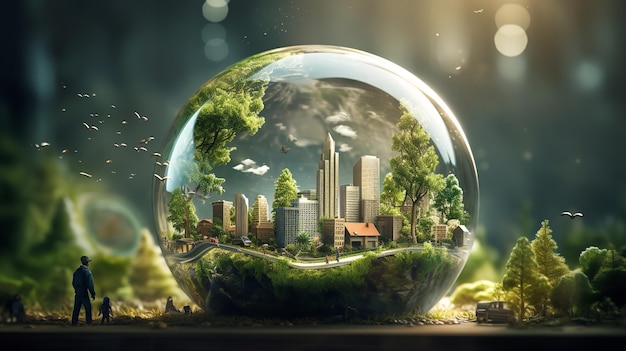 A modern city rendered in 3D inside a glass globe environmental concept Generative AI