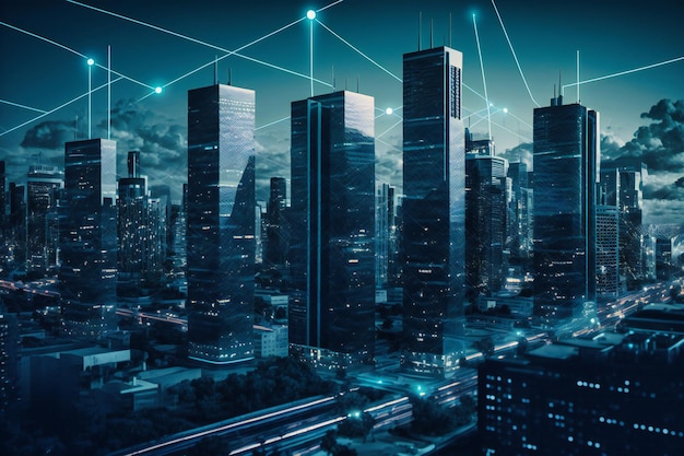 A modern city skyline gleams with bluehued wireless network signals illustrating seamless connectivity and advanced infrastructure