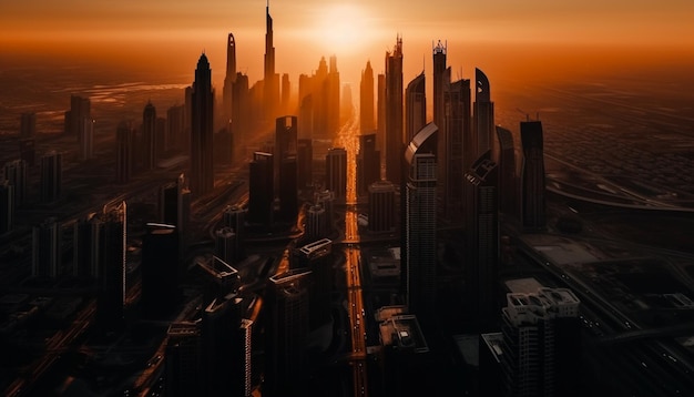 Modern city skyline illuminated by sunset a panoramic view generated by AI