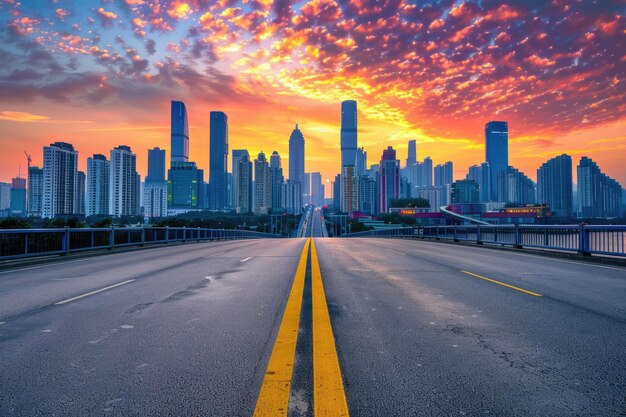 Photo modern city skyline at sunset in ningbo china